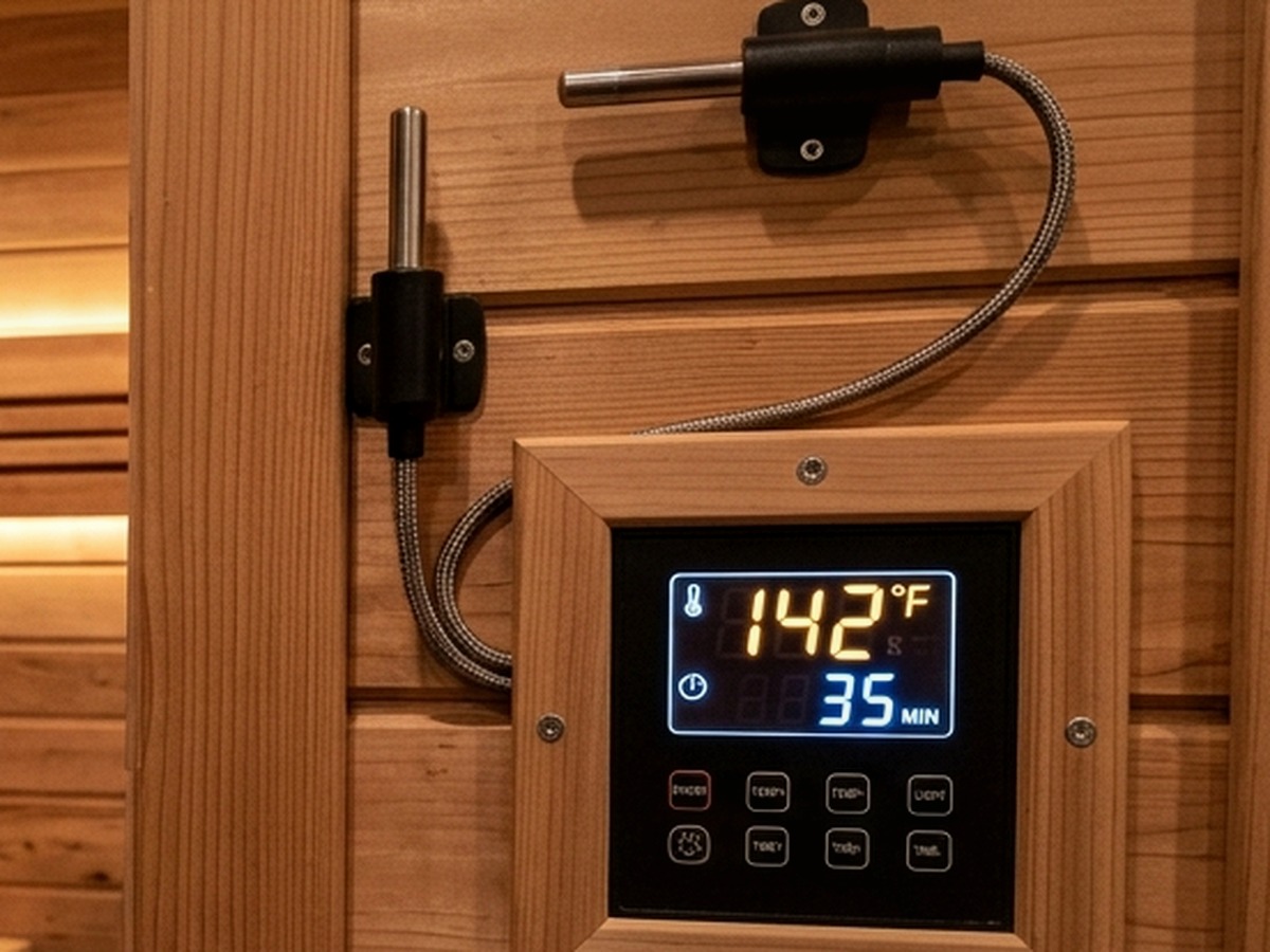 Sauna digital timer display and heat sensors
